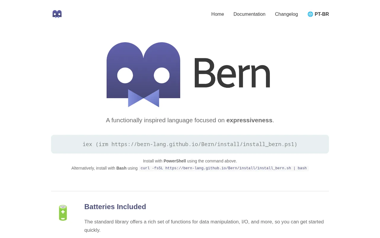 The Bern website with the install commands for PowerShell and Bash