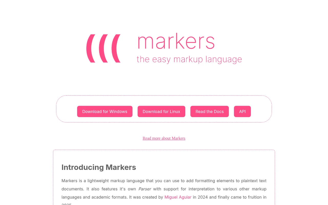 The Markers website, with downloads for Windows and Linux, the documentation and the API