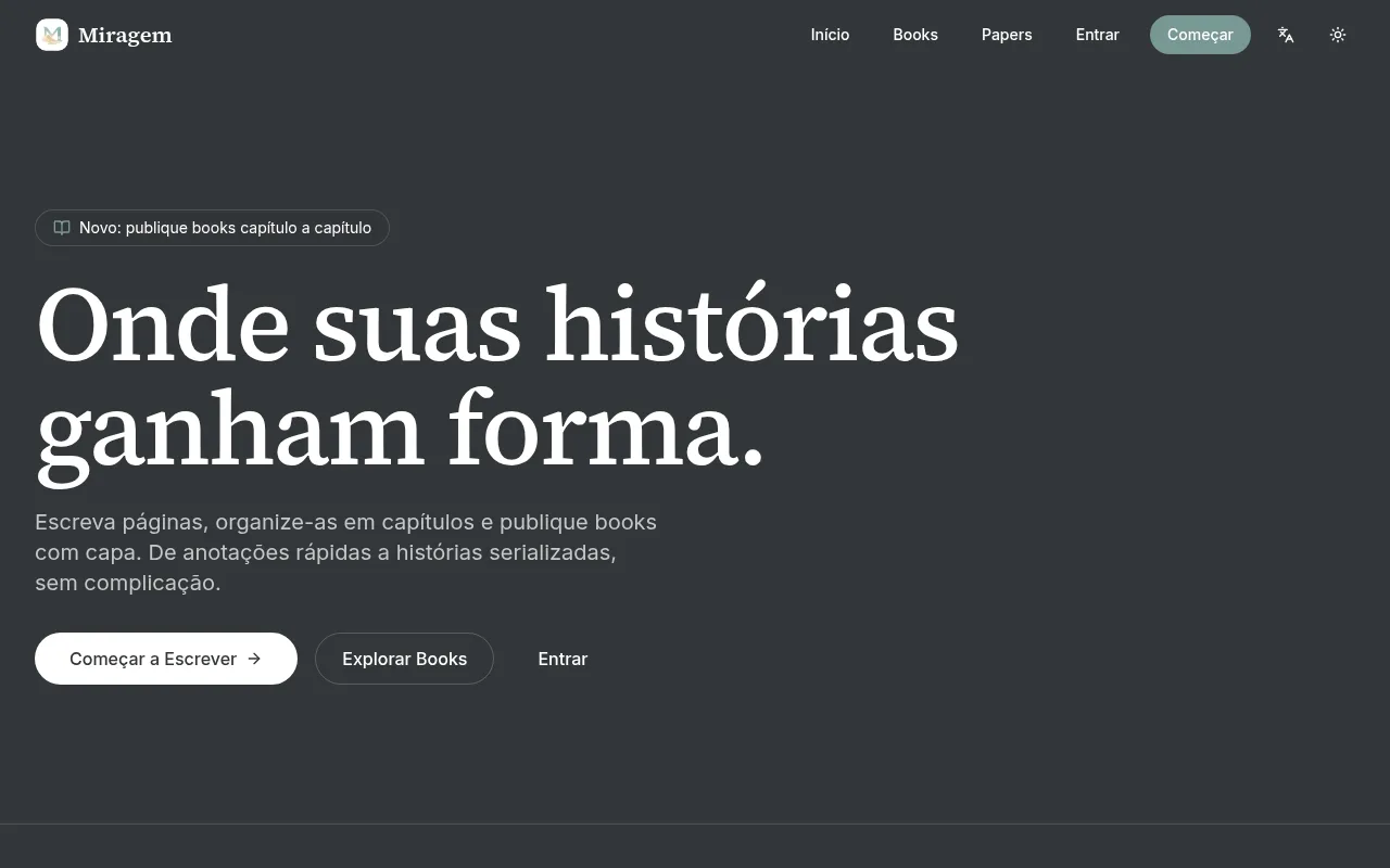 The Miragem home page: "Onde suas histórias ganham forma."
